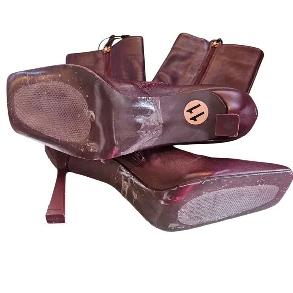 NEW Zara Women's Burgundy Leather Boots Square Toe Size EU 42 US 11 - Picture 7 of 9